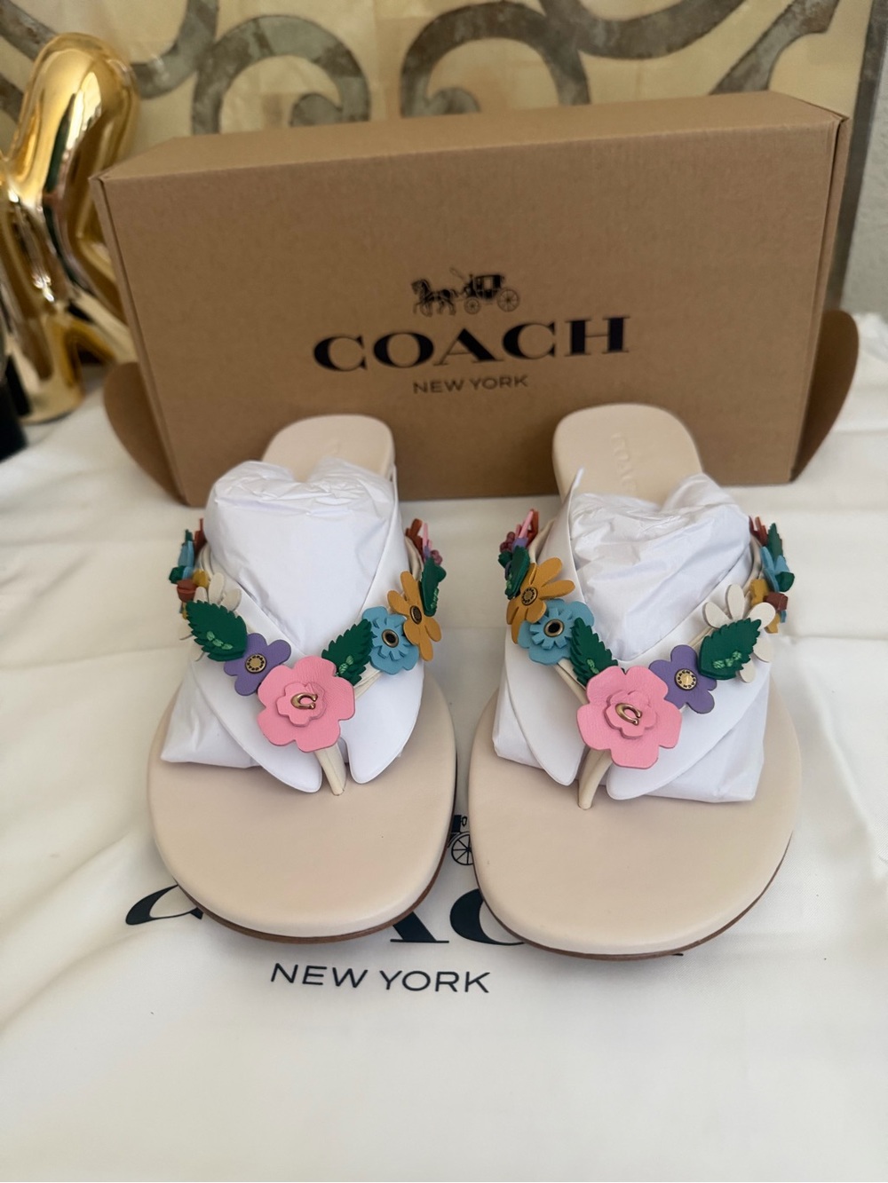 Coach Chalk Off White Thong Kitten Heel Sandals with Multicolor Floral Appliqués